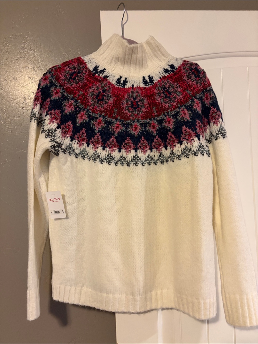 Lucky Brand Cream Fair Isle Turtleneck Sweater with Red & Navy Accents